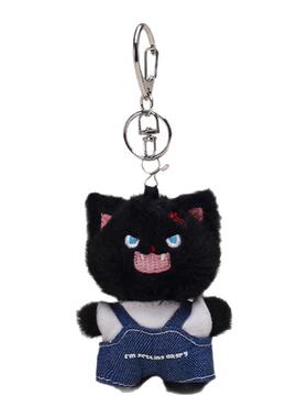 Jinnew原创可爱黑色炸毛小猫牛仔背带裤猫咪情侣书包包挂件钥匙扣