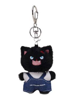 Jinnew原创可爱黑色炸毛小猫牛仔背带裤猫咪情侣书包包挂件钥匙扣