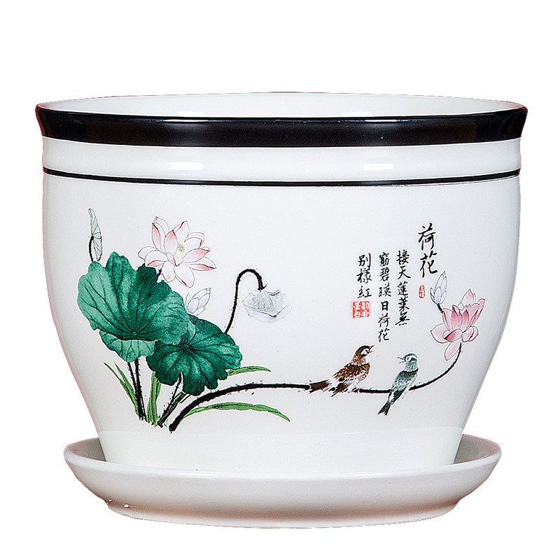 新中式花盆陶瓷带托盘大号白色桌面阳台绿萝君子兰花多肉透气花盆