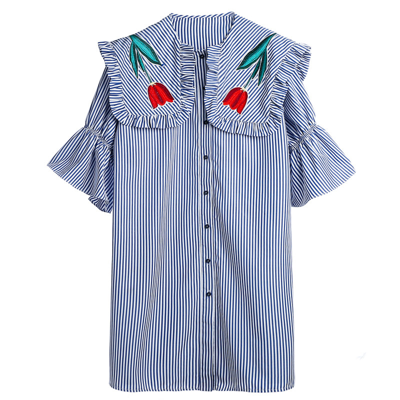 小花朵夏季新品蓝白条纹连衣裙