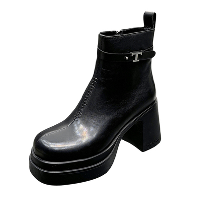 真皮粗跟增高小个子高跟马丁靴女