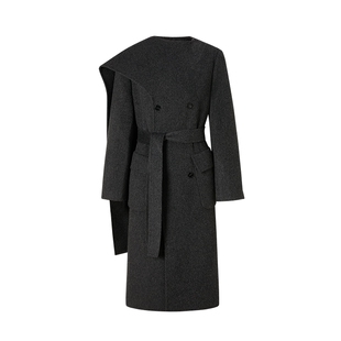 商场同款 摩萨克冬款设计一体式围脖系带腰长款毛呢大衣女