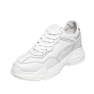 头层牛皮厚底高跟运动单鞋隐形内增高真皮前系带老爹女鞋跟高8CM