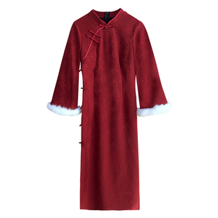 禧礼【自制款】加绒版原创设计新中式红色冬季旗袍连衣裙大码胖mm