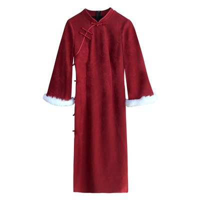 遇见大码红色新中式加绒订婚旗袍