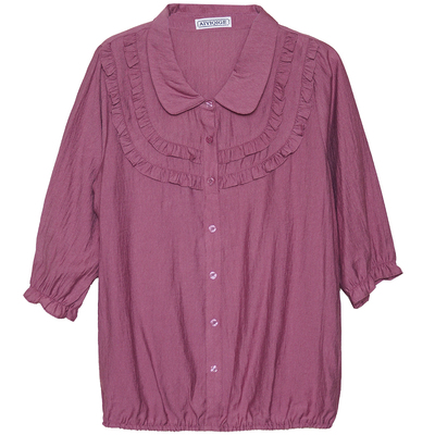 娃娃领拼接套头棉麻衫胖mm七分袖