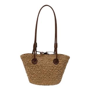 草编包洋气时髦纯色编织包女大容量海边度假单肩包编织托特包小号