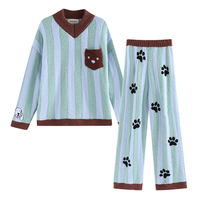 侘町2025新款狗狗爪印半边绒睡衣女秋冬款保暖加绒加厚冬季家居服