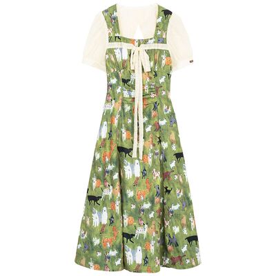 KEIKO 油画田园风绿色小碎花连衣裙夏季薄荷曼波度假方领显瘦长裙