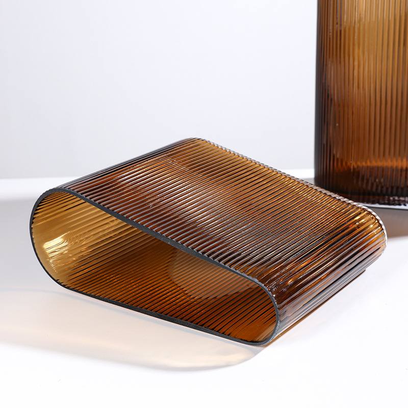 几何琥珀色竖纹设计扁样板房摆件方软装饰插花花瓶装餐厅桌面玻璃