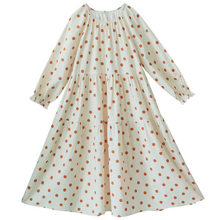 【绯色落霞】秋季圆领波点连衣裙女新款宽松亚麻棉印花长裙拼接裙