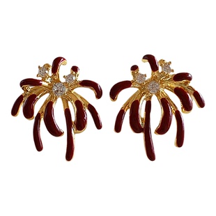 红色珐琅烟花新年耳环女新款小众纯银针耳钉轻奢高级感气质耳饰品