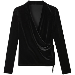 朗姿复古丝绒设计感围裹式V领气质衬衣法式高级感衬衫冬新款