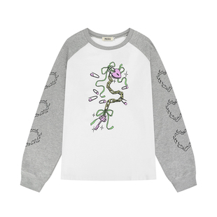 REOY Stu”Newjeans安宥真同款爱心锁扣手绘韩系灰白插肩长袖T恤