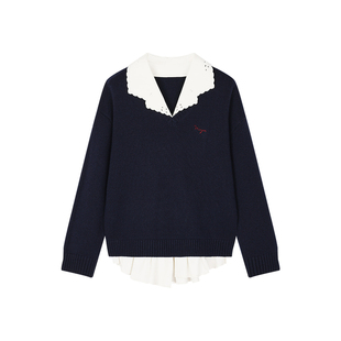 UOOYAA/乌丫2025冬季新款V领衬衫假两件套头毛衫