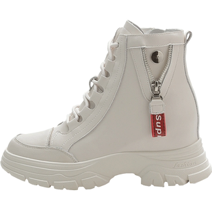 真皮马丁靴女款米色2023年秋冬搭配裙子的短靴内增高小个子鞋子女