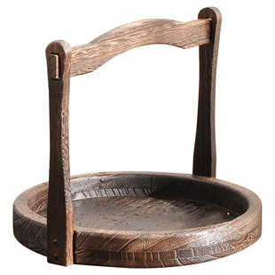 天兰美中式手提茶道提篮圆食盒托盘水果提篮烧桐木复古风零配件