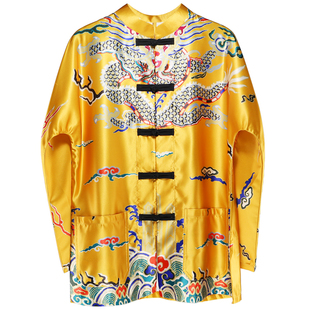 唐装男长袖盘扣立领宽松复古男装中国风绸缎印花龙袍外套男春秋款