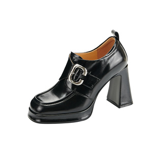 真皮深口单鞋女2025冬季新款英伦风小皮鞋一脚蹬方头粗跟高跟鞋女