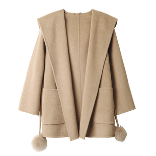 INNER ROOM羊毛双面呢大衣女冬慵懒毛球小个子宽松连帽毛呢外套