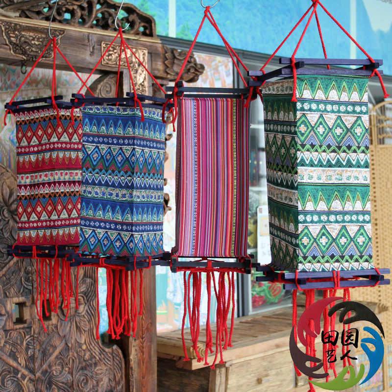 2021新款民族风复古木架宫灯特色日式灯罩田园布艺红灯笼广告灯箱