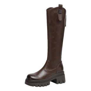 达芙妮厚底长筒靴女2025新款冬季加绒高筒骑士靴美拉德v口长靴子