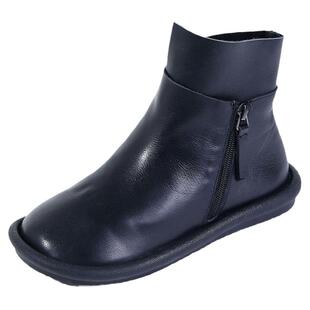 纯皮短靴真皮复古女靴2023秋冬新款软底软面平底圆头短筒踝靴女鞋