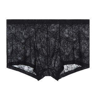 男士冰丝内裤无痕蕾丝一片式平角裤性感透明内衣全透超薄款火辣潮