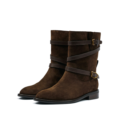 交叉绕带复古反绒西部靴