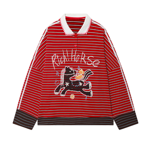 【马年限定】LALABOBO26年春新黑马印花上衣美式条纹长袖红色T恤