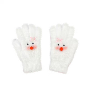 可爱小雪人毛绒白色手套女2025新款冬可触屏加绒保暖五指骑车防寒