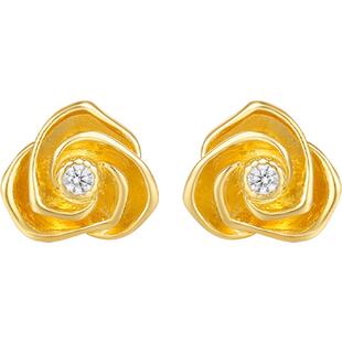 周六福山茶花耳钉耳环女黄金色耳饰S925银甜美时尚送女友新年礼物