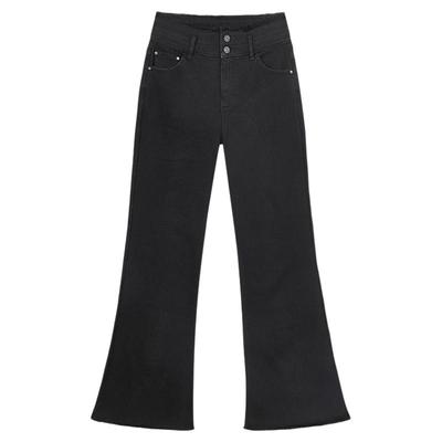 时尚牛仔毛边高腰微喇裤