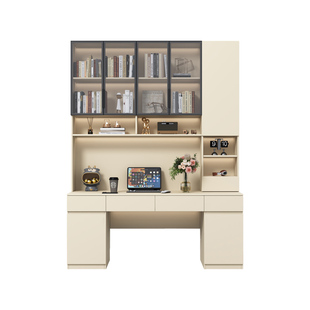 定制橡木书桌书柜一体双人玻璃书架学习桌白色实木转角儿童写字桌