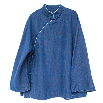 古石后色织亚麻复古斜襟衬衫女