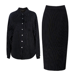 罗衣知性高智感黑色条纹套装女早春休闲通勤衬衫半裙两件套13278