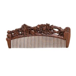 周广胜黑金檀国色天香雕花木梳天然檀木梳子立式牡丹雕花木梳刻字