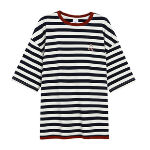 Turn Signal潮牌条纹短袖T恤女夏季2026新款宽松圆领中长款上衣夏