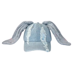 可爱长长兔耳朵牛仔鸭舌帽做旧破坏风自制拼接耷拉耳设计感棒球帽