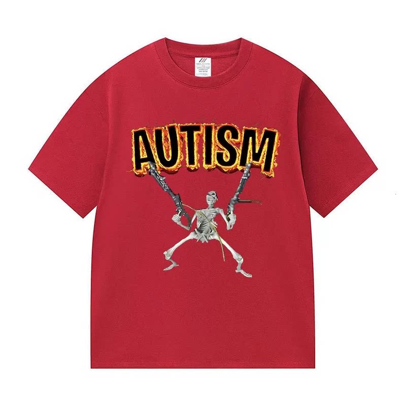 Autism欧美时尚趣味骷髅字母创意休闲大码短袖T恤男女定制上衣ins