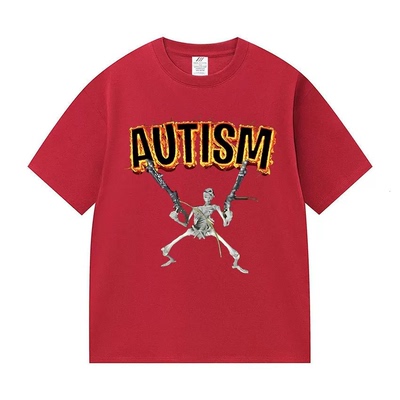 Autism欧美时尚趣味骷髅字母创意休闲大码短袖T恤男女定制上衣ins