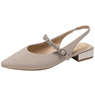 千百度低跟水钻时装凉鞋女款夏季新款后空玛丽珍包头绝美凉鞋