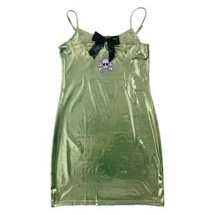 饭粒家原创设计pu皮柔软吊带连衣裙子女冬叠穿蝴蝶结收腰修身显瘦