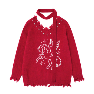 BNMGIN马年红色毛衣女款新年氛围感穿搭挂脖装饰马图案针织衫上衣