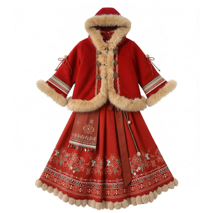 2026新款女童民族风汉服冬加绒加厚拜年服红色套装小女孩改良古装