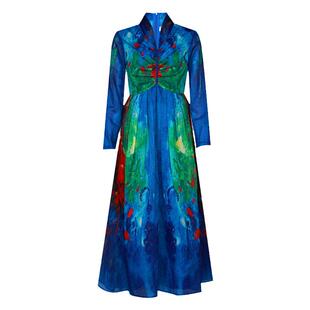 杨丽萍官方原创设计雀云裳民族风国风印花优雅立领长袖A字连衣裙