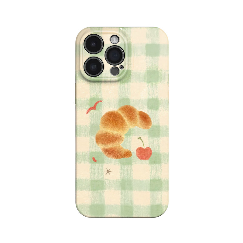 樱桃面包~清新淡绿格纹羊角适用iPhone16/15pro手机壳新款华为mate70小米14畅享70vivoS19软iqooneo10苹果12
