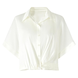 IMM尹默桑蚕丝19MM直条缎奶白色极简风纽结下摆短袖衬衫上衣女
