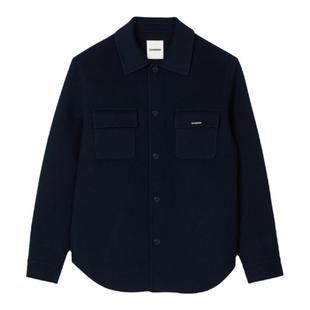 SANDRO秋冬男装法式时尚休闲绵羊毛深蓝色翻领品牌标识毛呢外套