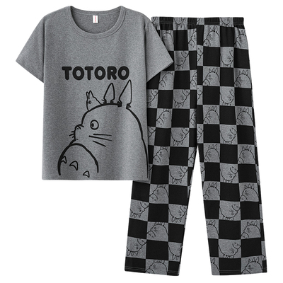 夏季卡通龙猫睡衣女士短袖长裤棉夏天薄款女生加肥大码家居服套装